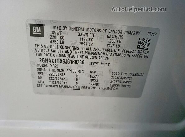 2GNAXTEX8J6160330 2018 CHEVROLET EQUINOX Silver Панорамний вид салону 360°