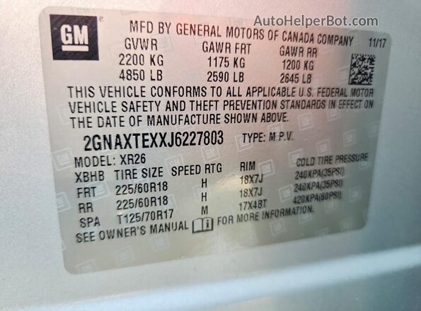 2GNAXTEXXJ6227803 2018 CHEVROLET EQUINOX Silver Vista de la etiqueta del VIN