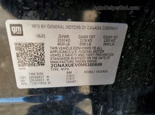 2GNAXUEV0M6160699 2021 CHEVROLET EQUINOX Черный Вид наклейки с VIN-кодом