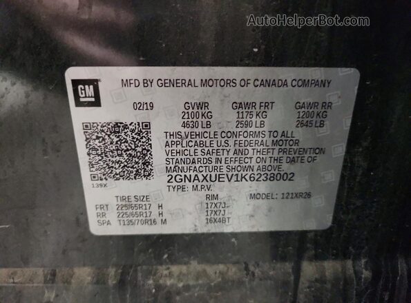 2GNAXUEV1K6238002 2019 CHEVROLET EQUINOX Charcoal Vista de la etiqueta del VIN