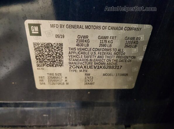 2GNAXUEV1K6288317 2019 CHEVROLET EQUINOX Blue Widok naklejki z numerem VIN