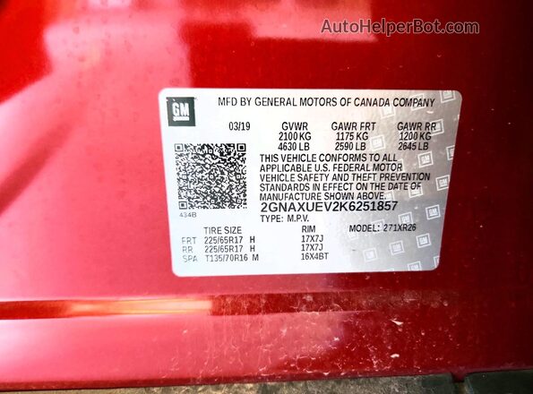 2GNAXUEV2K6251857 2019 CHEVROLET EQUINOX Red Widok naklejki z numerem VIN
