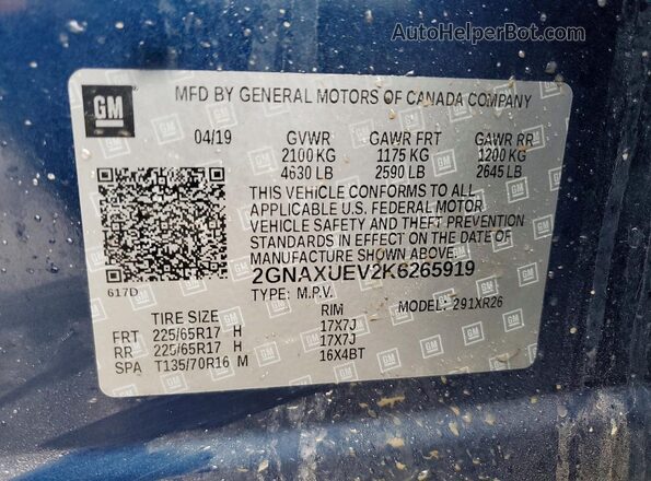 2GNAXUEV2K6265919 2019 CHEVROLET EQUINOX Синий Вид наклейки с VIN-кодом