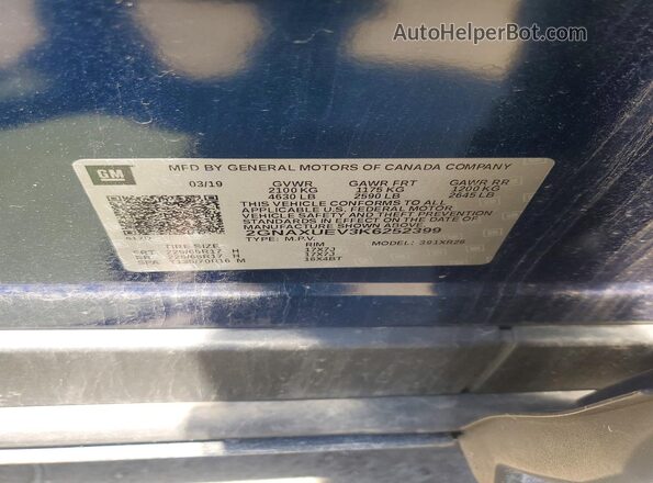 2GNAXUEV3K6252399 2019 CHEVROLET EQUINOX Blue Вид наклейки з VIN-кодом