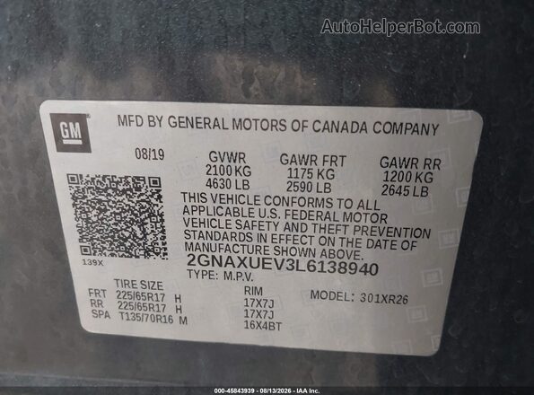 2GNAXUEV3L6138940 2020 CHEVROLET EQUINOX Black Widok komory silnika