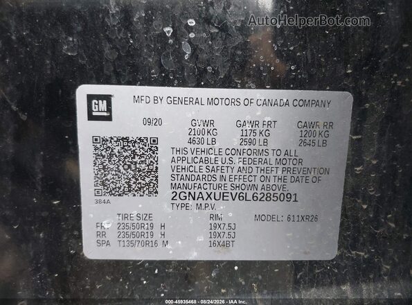 2GNAXUEV6L6285091 2020 CHEVROLET EQUINOX Black ძრავის განყოფილების ხედი