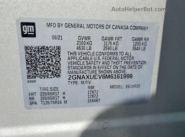 2GNAXUEV6M6161999 2021 CHEVROLET EQUINOX Silver VIN კოდის სტიკერის ხედი