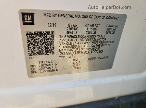 2GNAXUEV8L6192153 2020 CHEVROLET EQUINOX White VIN sticker view
