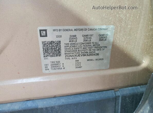 2GNAXUEV9K6200436 2019 CHEVROLET EQUINOX Tan Вид наклейки з VIN-кодом