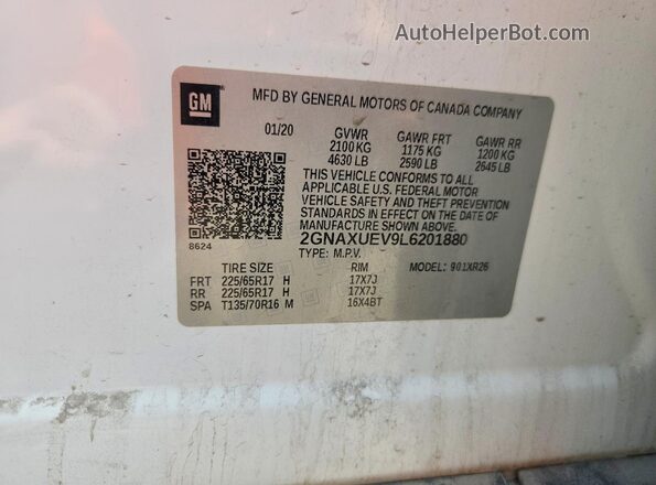 2GNAXUEV9L6201880 2020 CHEVROLET EQUINOX White Вид підкапотного простору