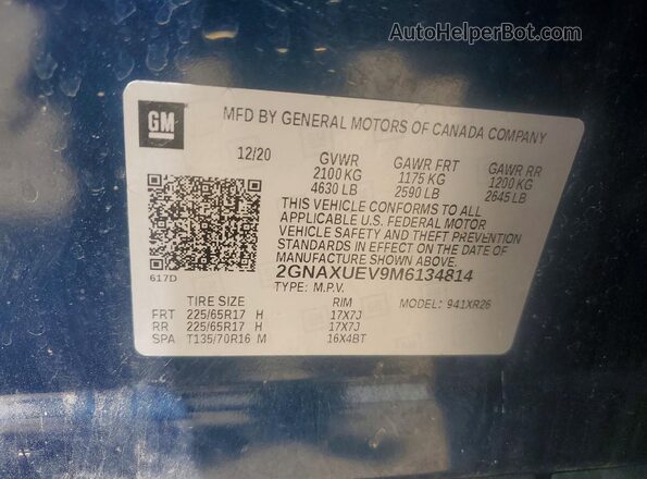 2GNAXUEV9M6134814 2021 CHEVROLET EQUINOX Blue Вид наклейки з VIN-кодом