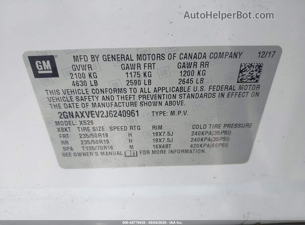 2GNAXVEV2J6240961 2018 CHEVROLET EQUINOX White Вид підкапотного простору