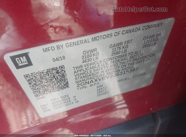 2GNAXVEV2J6315397 2018 CHEVROLET EQUINOX Красный Вид подкапотного пространства