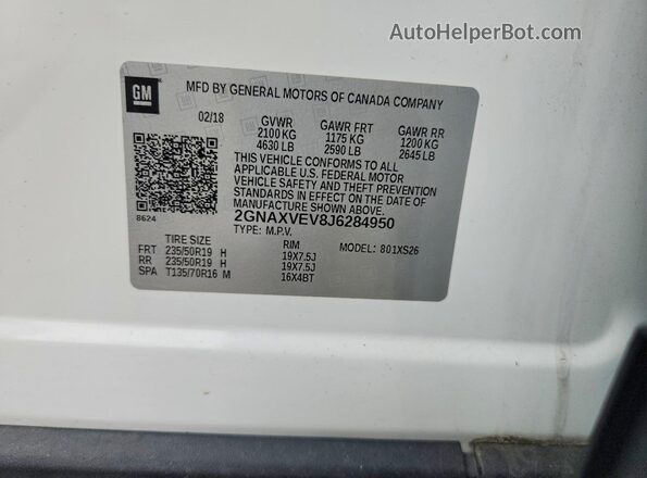 2GNAXVEV8J6284950 2018 CHEVROLET EQUINOX White Вид наклейки з VIN-кодом