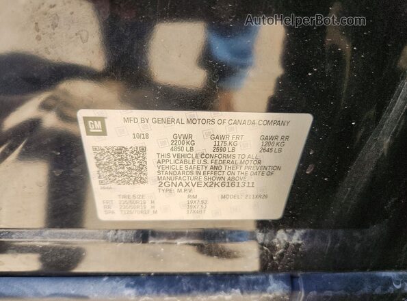 2GNAXVEX2K6161311 2019 CHEVROLET EQUINOX Black VIN კოდის სტიკერის ხედი