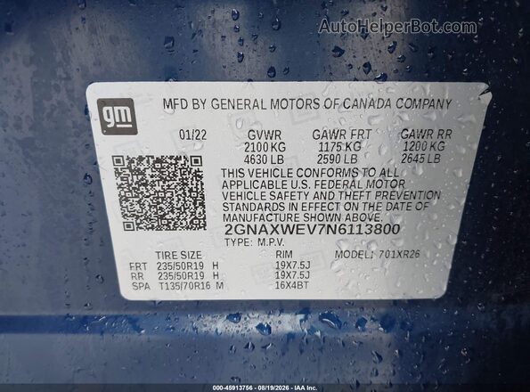 2GNAXWEV7N6113800 2022 CHEVROLET EQUINOX Blue Вид підкапотного простору