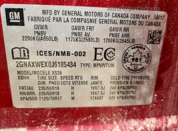 2GNAXWEX0J6185434 2018 CHEVROLET EQUINOX Бордовый Панорамный вид салона 360°