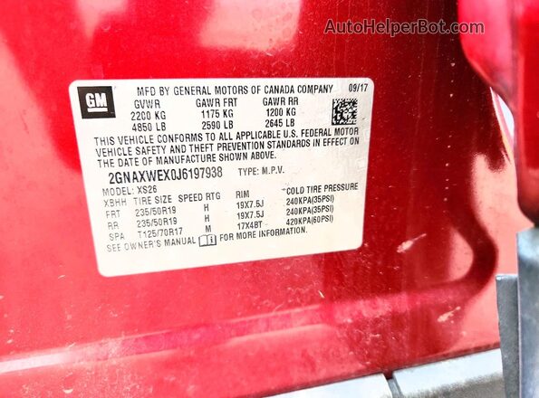 2GNAXWEX0J6197938 2018 CHEVROLET EQUINOX Red Widok naklejki z numerem VIN