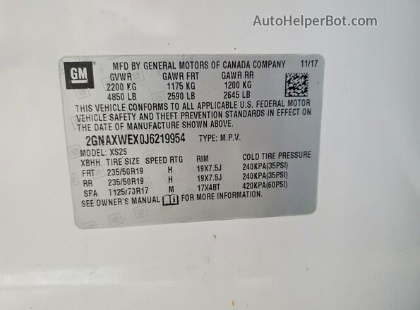 2GNAXWEX0J6219954 2018 CHEVROLET EQUINOX Белый Вид наклейки с VIN-кодом