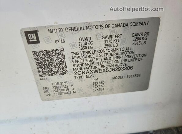 2GNAXWEX5J6293306 2018 CHEVROLET EQUINOX White VIN კოდის სტიკერის ხედი