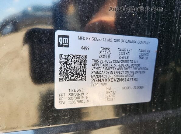 2GNAXXEV2N6147181 2022 CHEVROLET EQUINOX Black VIN sticker view
