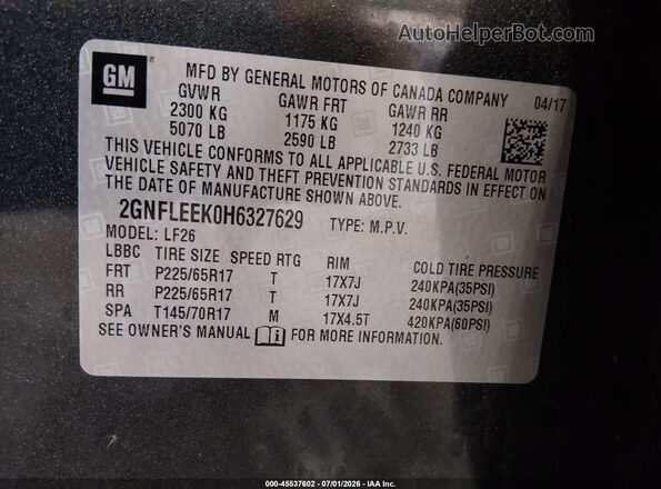 2GNFLEEK0H6327629 2017 CHEVROLET EQUINOX Серый Вид подкапотного пространства