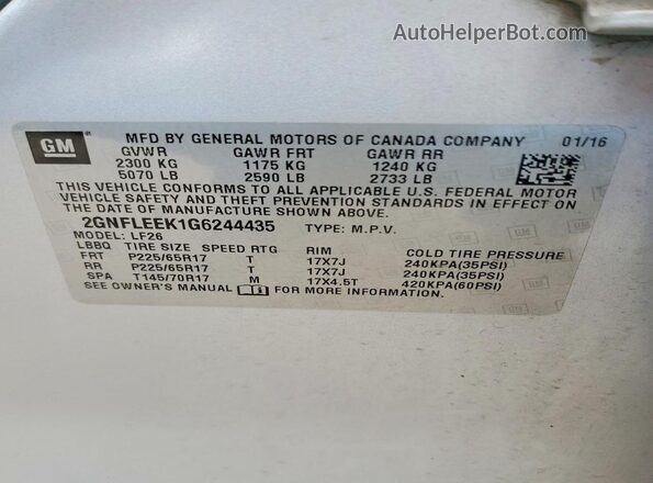 2GNFLEEK1G6244435 2016 CHEVROLET EQUINOX Silver VIN sticker view
