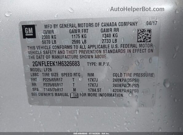 2GNFLEEK1H6326683 2017 CHEVROLET EQUINOX Silver Widok komory silnika