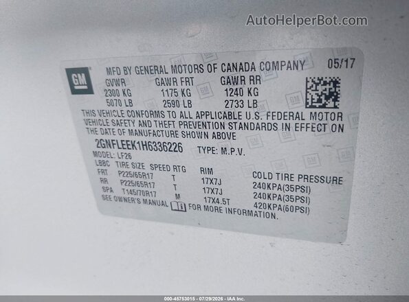 2GNFLEEK1H6336226 2017 CHEVROLET EQUINOX  Widok komory silnika