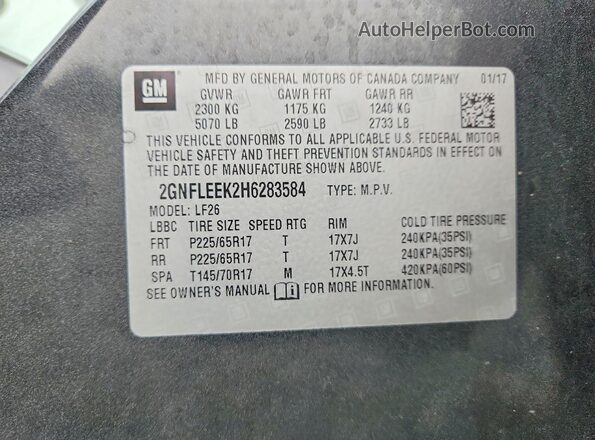 2GNFLEEK2H6283584 2017 CHEVROLET EQUINOX Charcoal Widok naklejki z numerem VIN