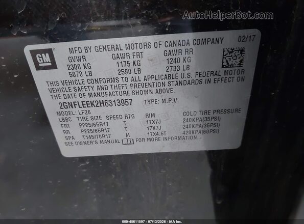 2GNFLEEK2H6313957 2017 CHEVROLET EQUINOX Black Вид підкапотного простору