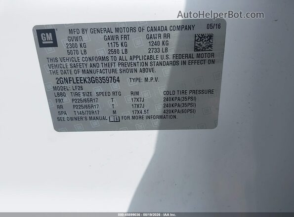 2GNFLEEK3G6359764 2016 CHEVROLET EQUINOX White Շարժիչի բաժամունքի տեսք