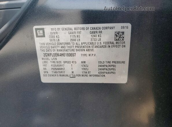 2GNFLEEK4H6180697 2017 CHEVROLET EQUINOX Charcoal Вид наклейки з VIN-кодом