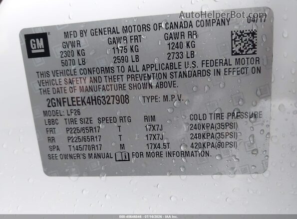 2GNFLEEK4H6327908 2017 CHEVROLET EQUINOX White Widok komory silnika