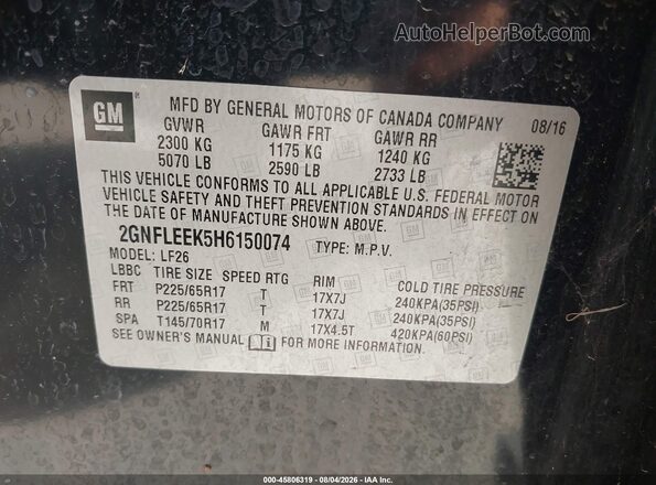 2GNFLEEK5H6150074 2017 CHEVROLET EQUINOX Black Engine compartment view