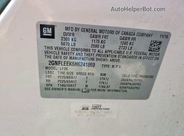 2GNFLEEK6H6241869 2017 CHEVROLET EQUINOX Белый Вид наклейки с VIN-кодом