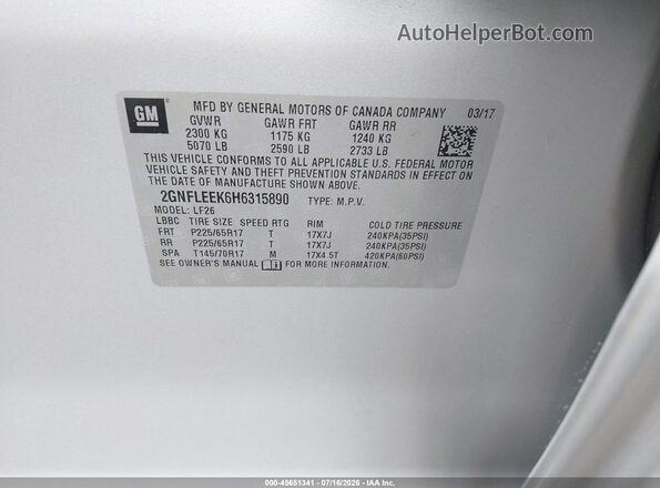 2GNFLEEK6H6315890 2017 CHEVROLET EQUINOX Silver Вид підкапотного простору