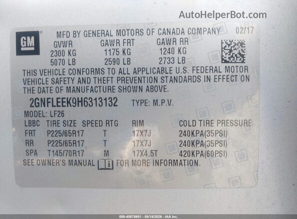 2GNFLEEK9H6313132 2017 CHEVROLET EQUINOX Silver Շարժիչի բաժամունքի տեսք