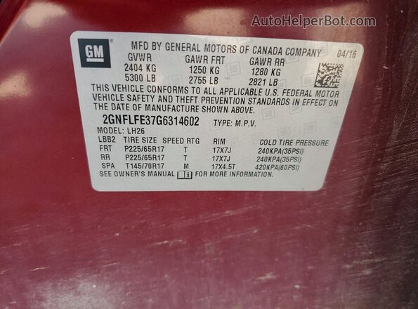 2GNFLFE37G6314602 2016 CHEVROLET EQUINOX Красный Вид наклейки с VIN-кодом