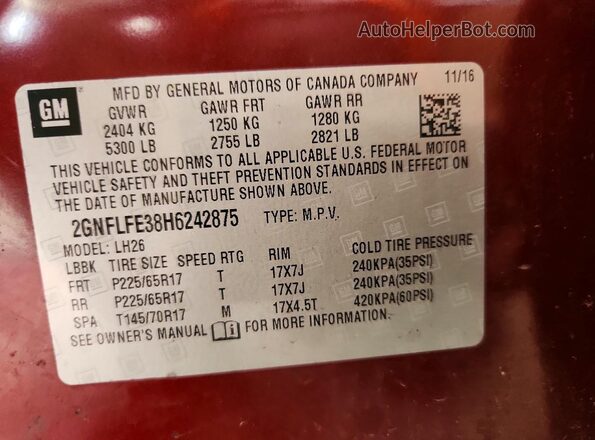 2GNFLFE38H6242875 2017 CHEVROLET EQUINOX Бордовый Панорамный вид салона 360°