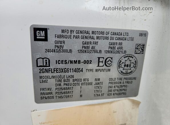 2GNFLFE3XG6114054 2016 CHEVROLET EQUINOX White Widok naklejki z numerem VIN