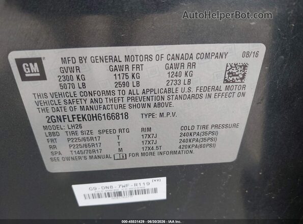 2GNFLFEK0H6166818 2017 CHEVROLET EQUINOX Gray Вид підкапотного простору