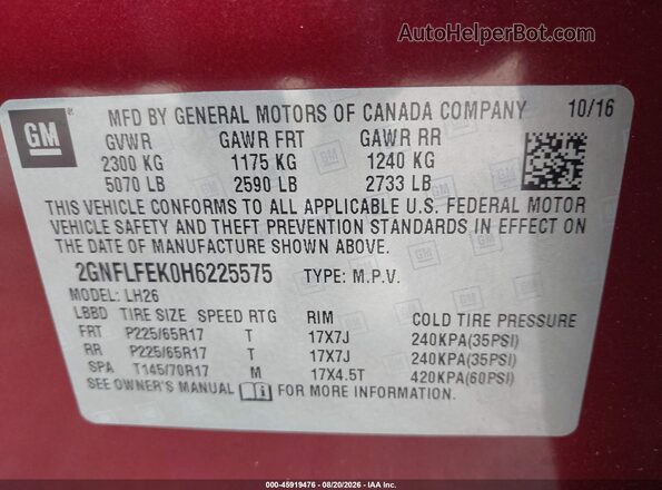 2GNFLFEK0H6225575 2017 CHEVROLET EQUINOX Red ძრავის განყოფილების ხედი