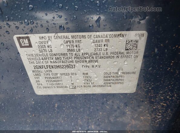 2GNFLFEK0H6239637 2017 CHEVROLET EQUINOX Blue Widok komory silnika