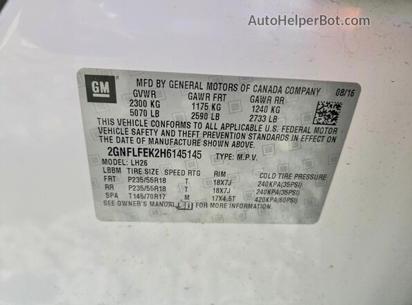 2GNFLFEK2H6145145 2017 CHEVROLET EQUINOX White Вид наклейки з VIN-кодом