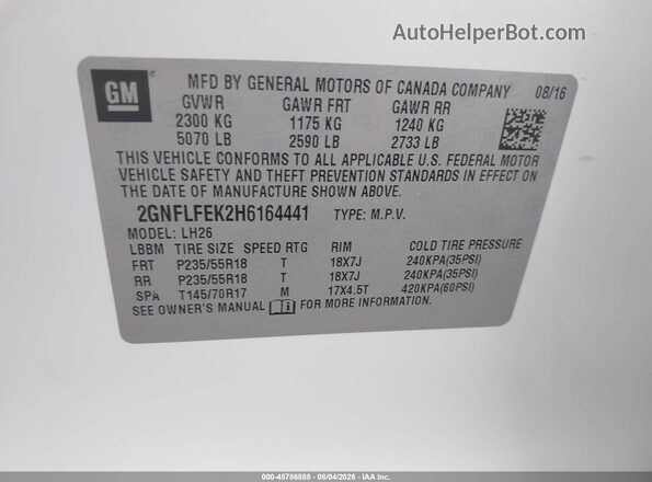 2GNFLFEK2H6164441 2017 CHEVROLET EQUINOX White ძრავის განყოფილების ხედი