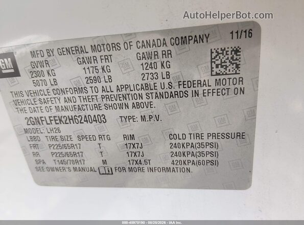 2GNFLFEK2H6240403 2017 CHEVROLET EQUINOX White Widok komory silnika