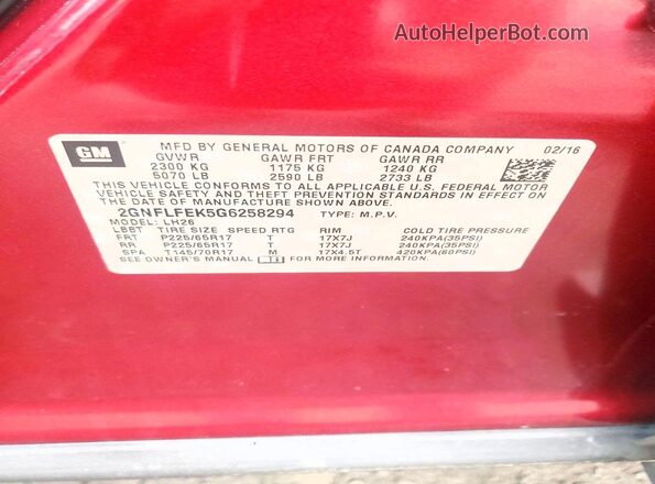2GNFLFEK5G6258294 2016 CHEVROLET EQUINOX Red VIN կոդի պիտակի տեսք