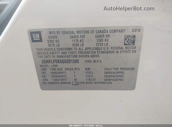2GNFLFEK6G6281390 2016 CHEVROLET EQUINOX White Vista del compartimento del motor