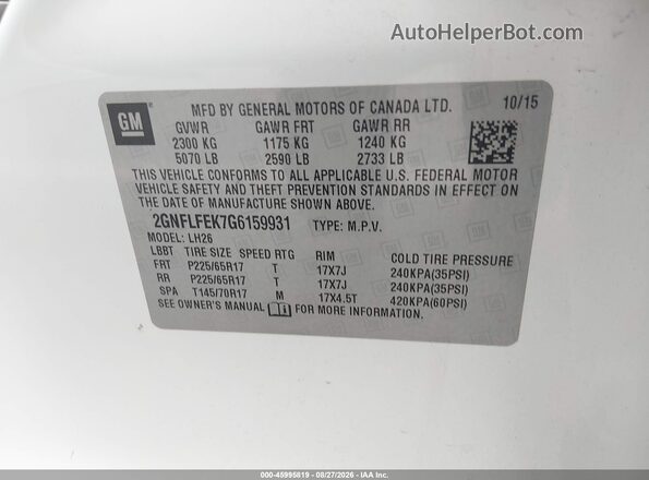 2GNFLFEK7G6159931 2016 CHEVROLET EQUINOX White Engine compartment view